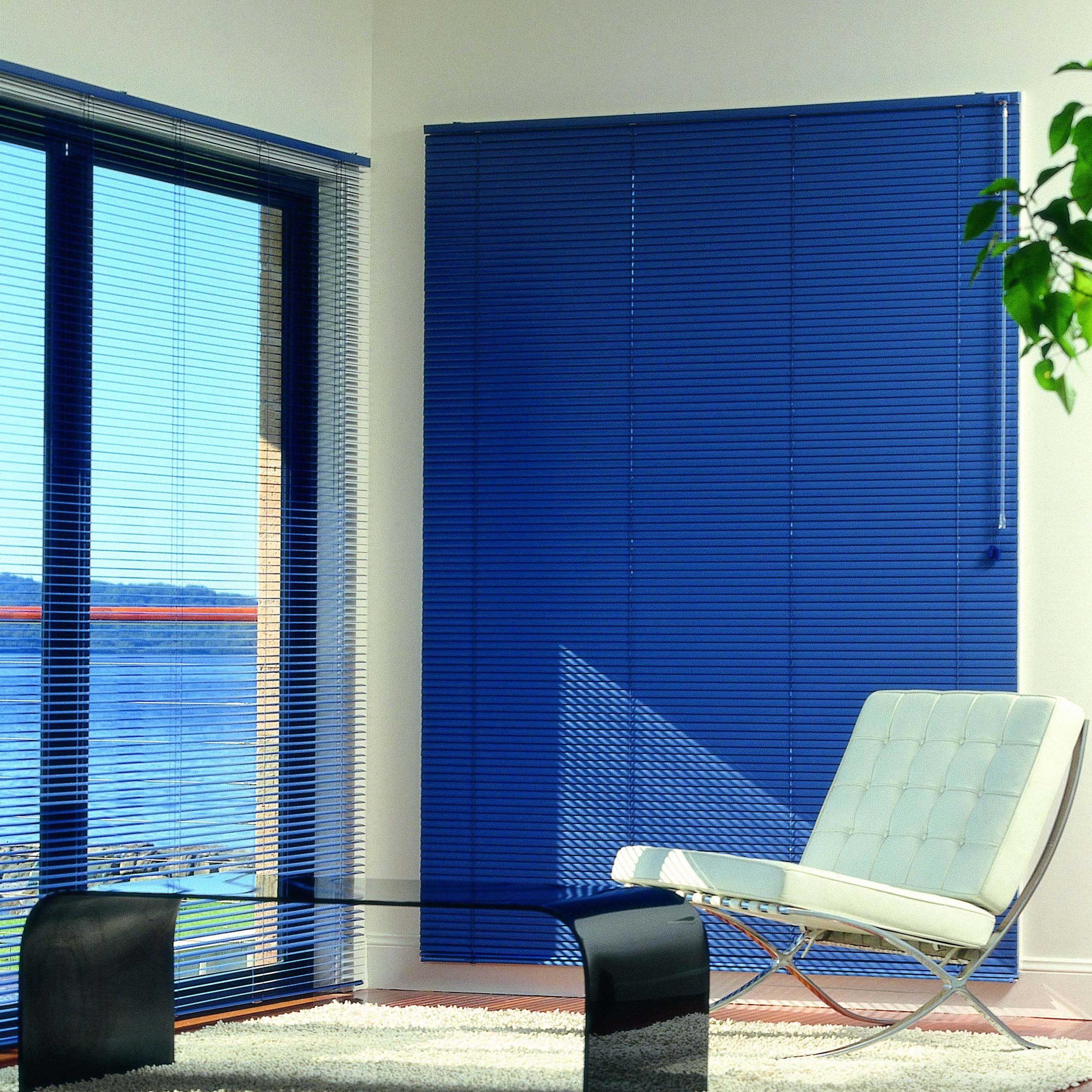 Blue aluminium Venetian blinds closed