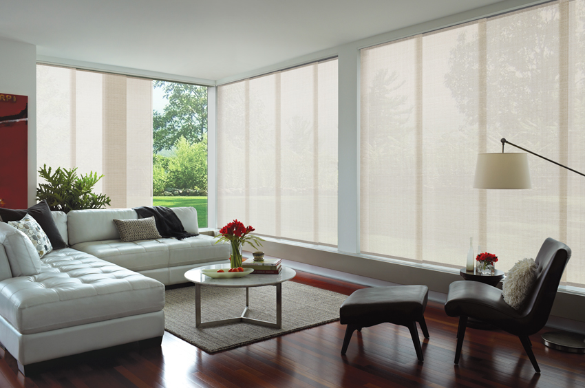 White glide panel blinds living area