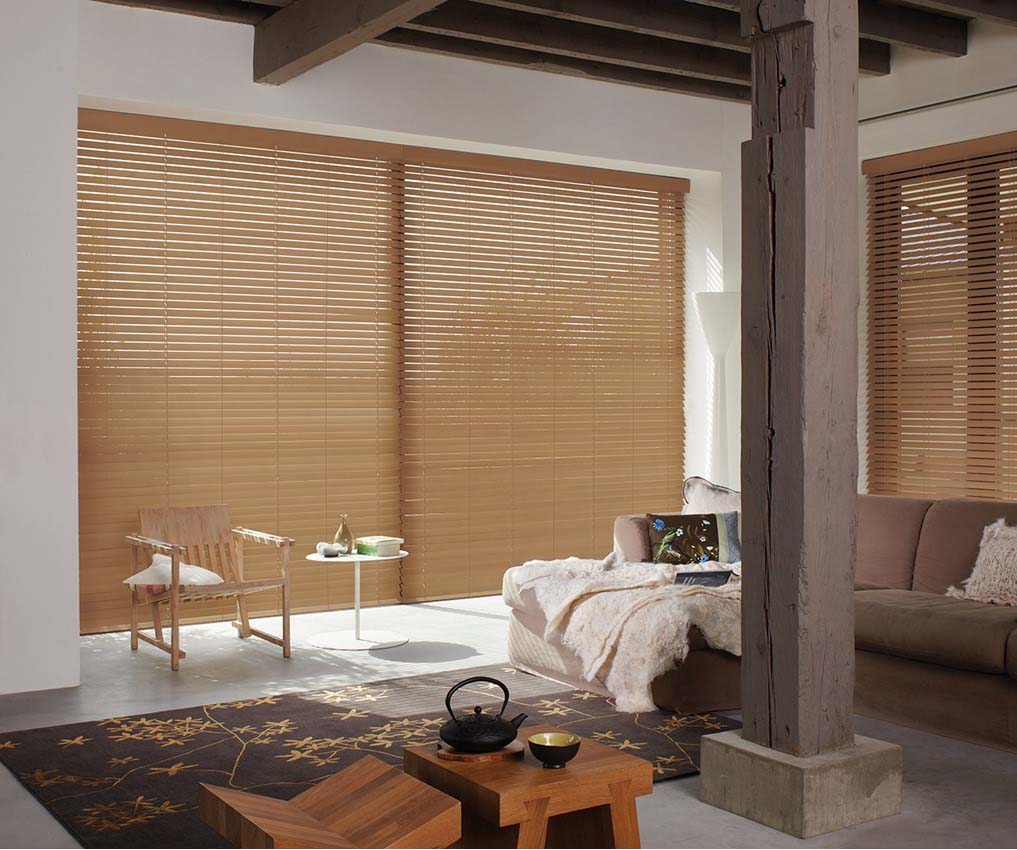Timber Venetian blinds brown in lounge area