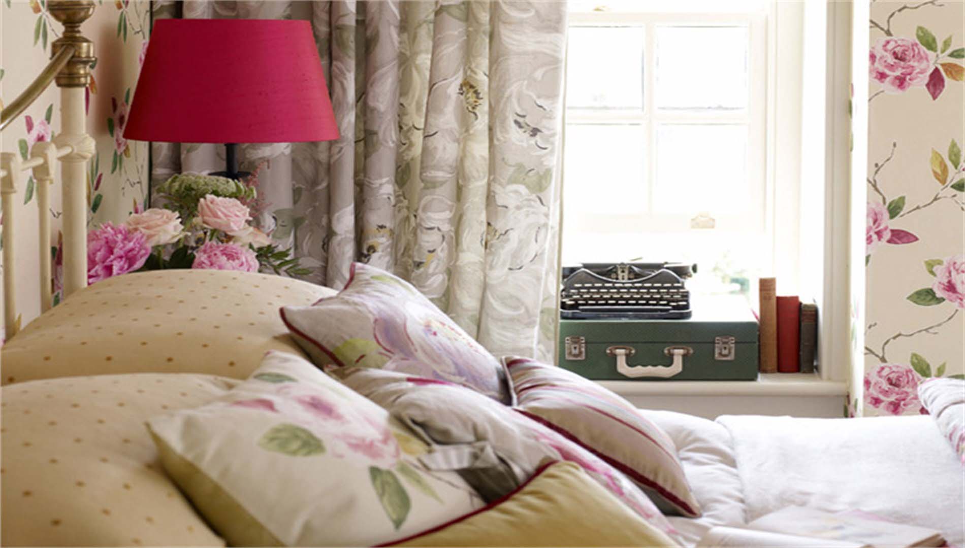 Bedroom accessories with cushions curtains and lamp