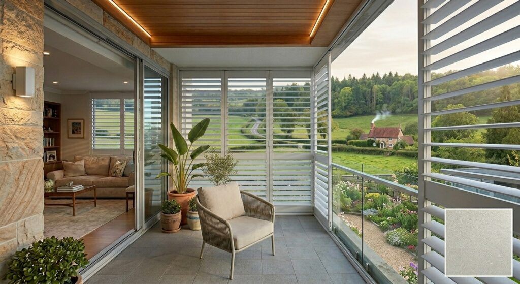 Aluminium plantation shutters installed on an external Sydney balcony showing powder-coated weatherproof finish