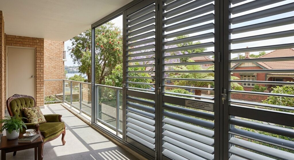 Aluminium security shutters installed on a Concord apartment balcony, wind-rated for Sydney Region A