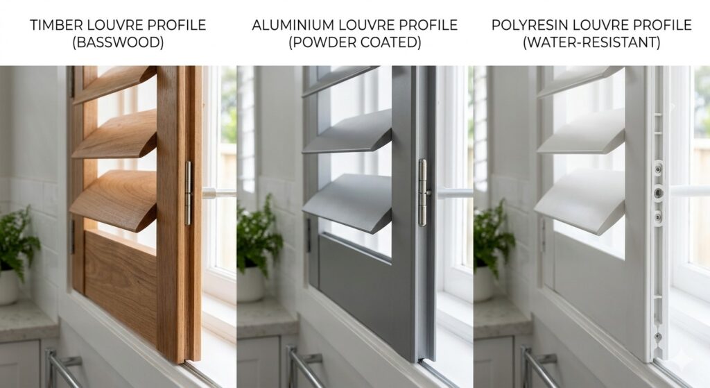 Close-up comparison of timber, aluminium and polyresin shutter louvre profiles installed in a Sydney home