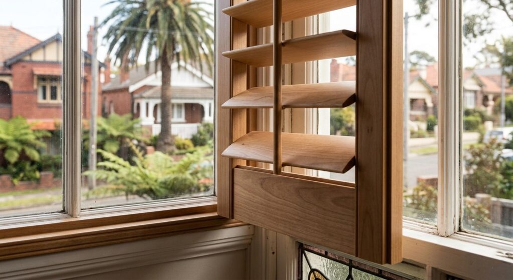 89mm Basswood plantation shutters fitted to a Federation sash window, Inner West Sydney