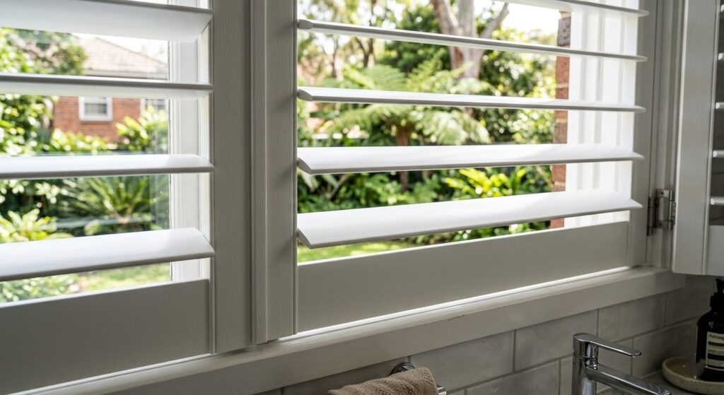 Reinforced polyresin plantation shutters installed in a Sydney bathroom for moisture resistance