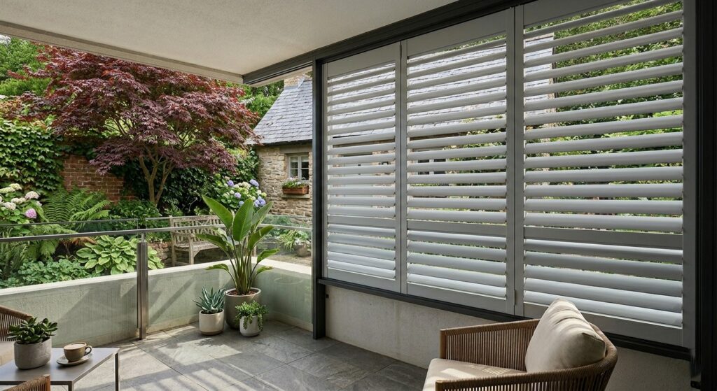 External aluminium plantation shutters installed on a Sydney balcony for wind and weather resistance