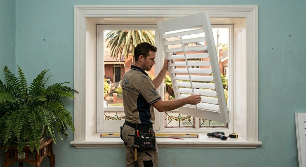 Custom Z-frame plantation shutter installation in a Balmain Victorian terrace sash window