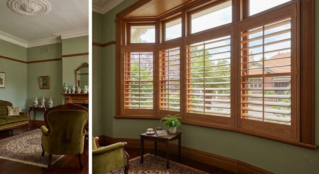 Timber plantation shutters with 89mm louvres fitted in a Federation-era living room, Sydney Inner West